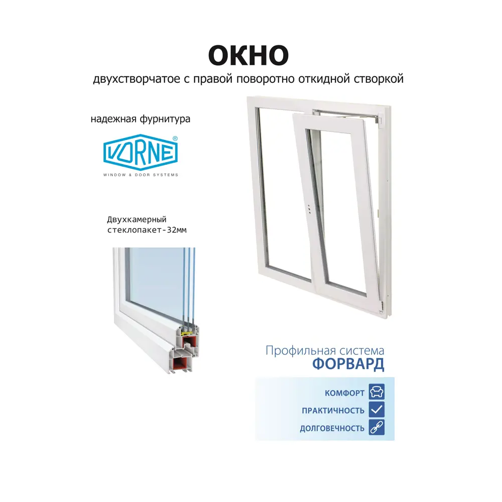 Пластиковое окно ПВХ Brusbox Aero двустворчатое правый 600x1400мм (ВхШ) двухкамерный стеклопакет белый (с двух сторон) в Новочебоксарске — изображение 2
