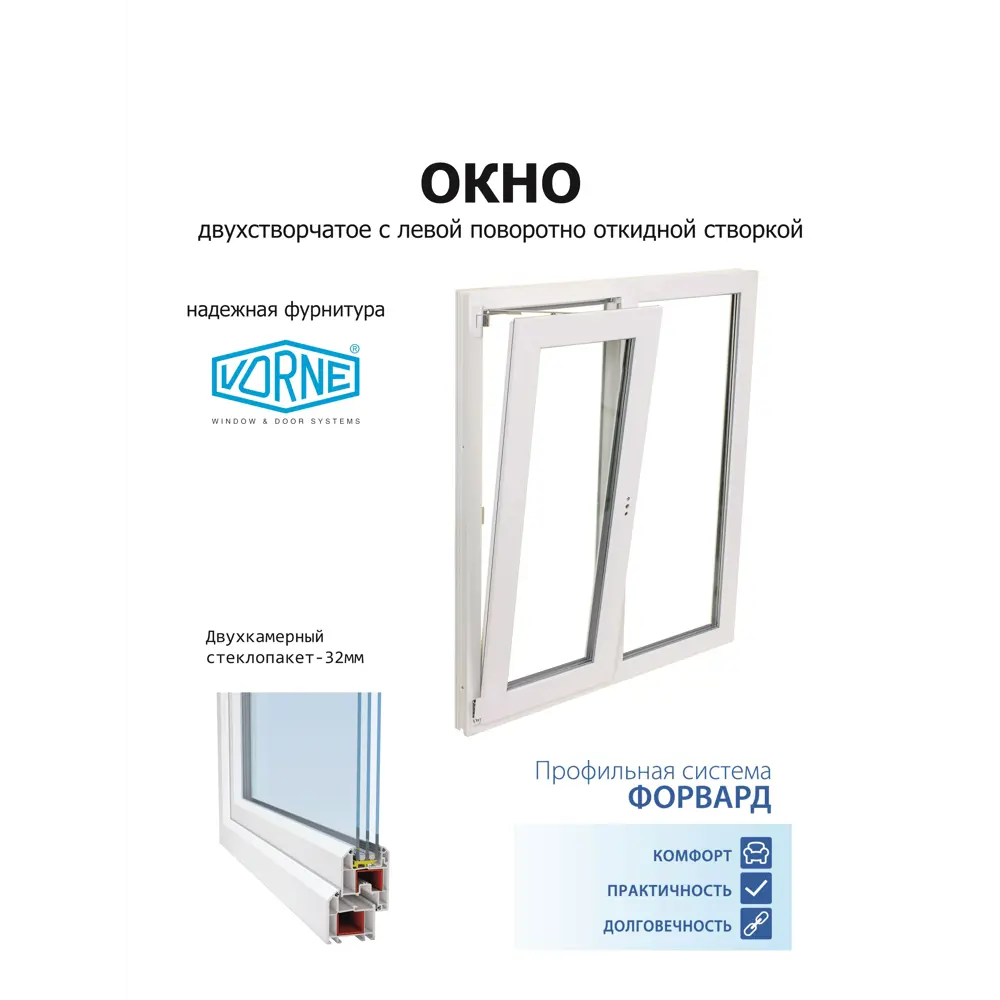 Пластиковое окно ПВХ Brusbox Aero двустворчатое левый 1100x1200мм (ВхШ) двухкамерный стеклопакет белый (с двух сторон) в Новочебоксарске — изображение 3